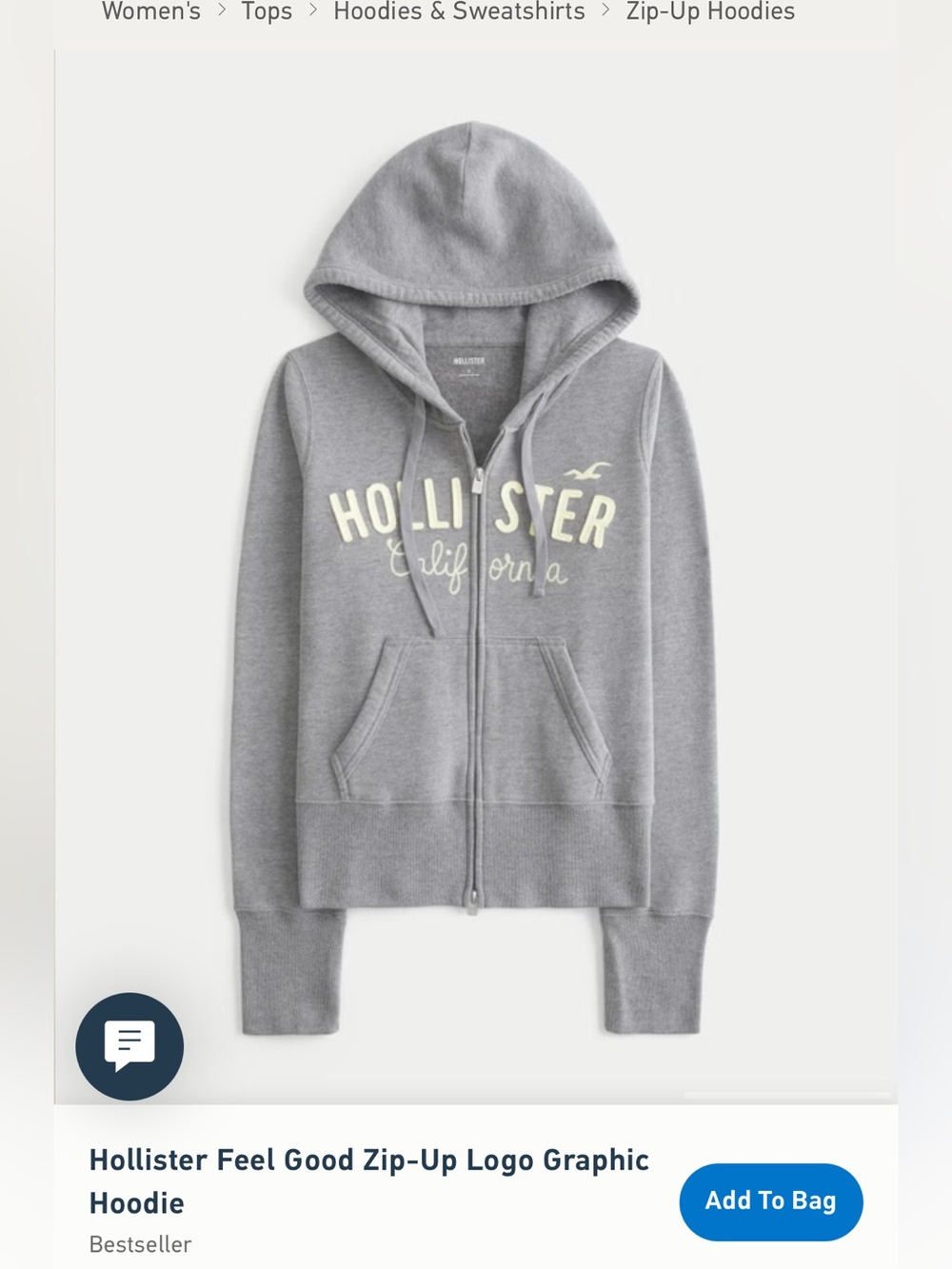 Hollister Light Gray Zip-Up Hoodie with Cream Logo
